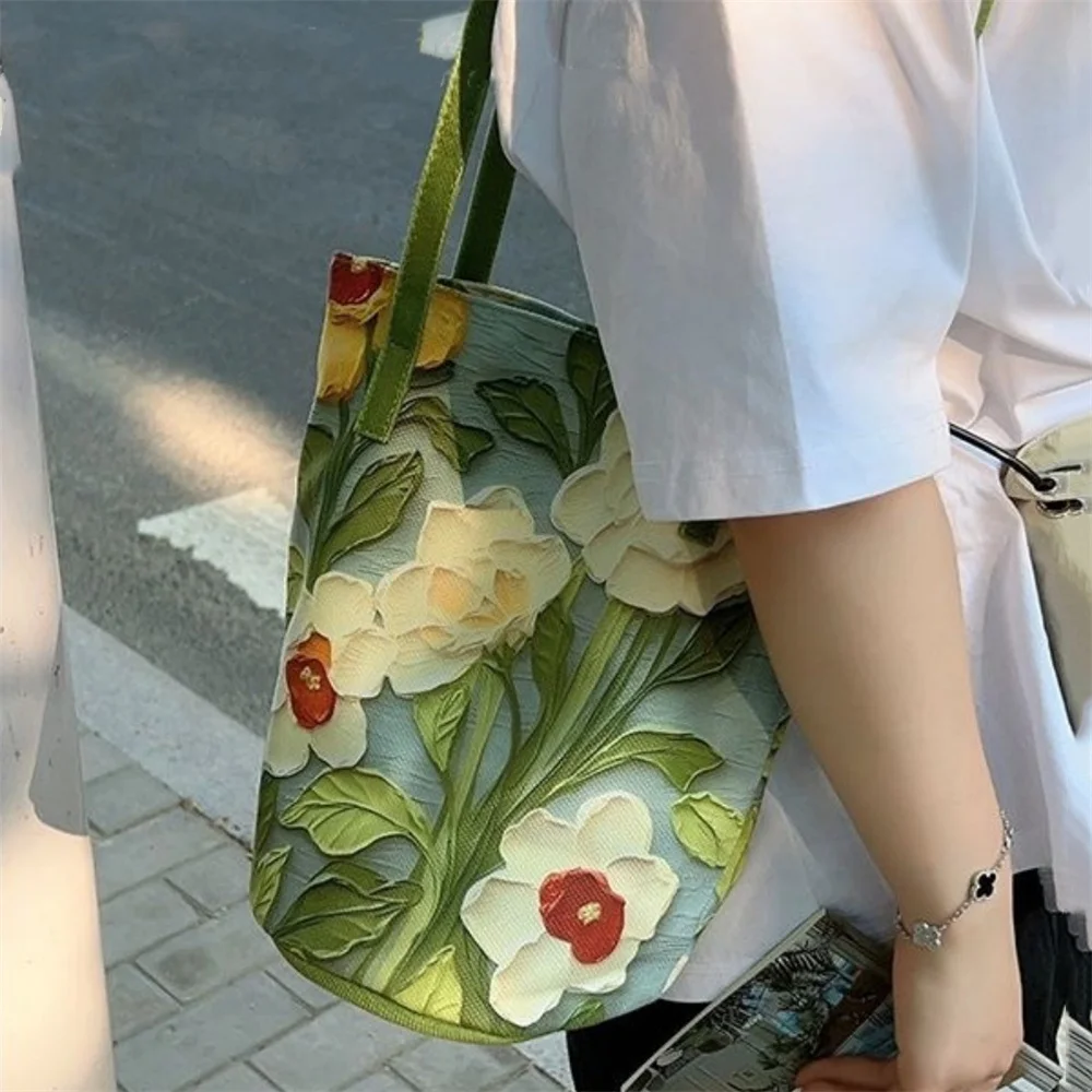 Women's Large Capacity Summer Floral Oxford Bucket Bag Casual Fashionable Shoulder Bag with Oil Painting Flower Design Handbag