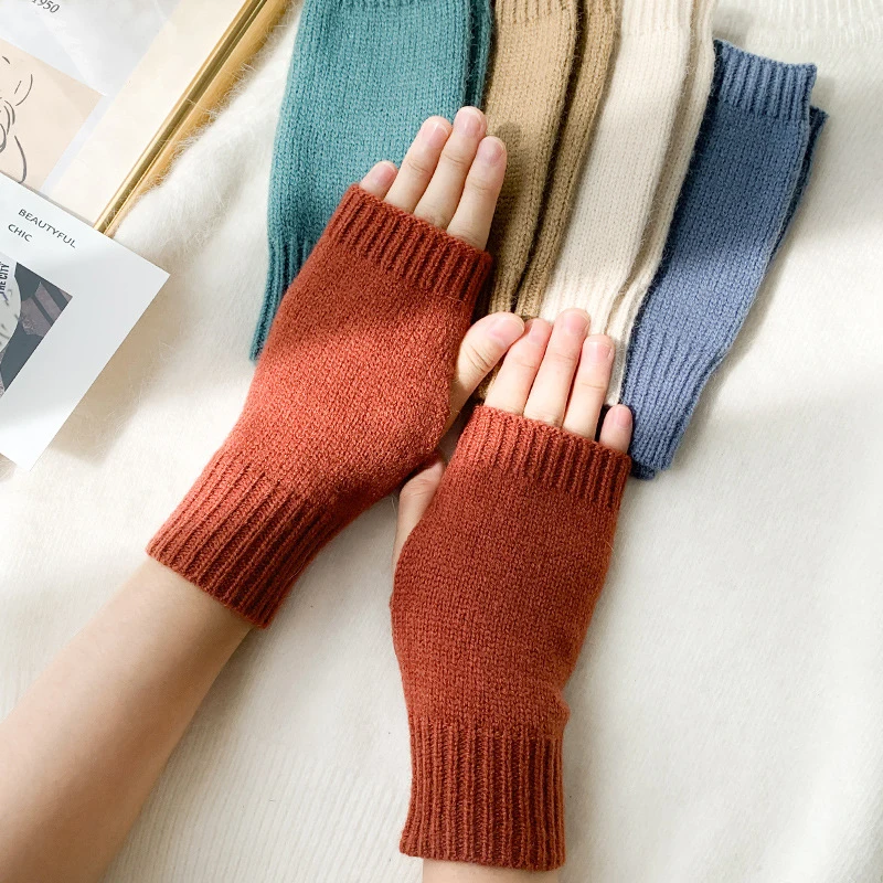 Women Winter Gloves Stylish Hand Warmer Winter Gloves Half Finger Arm Crochet Knitting Mitten Pure Color Warm Fingerless Gloves