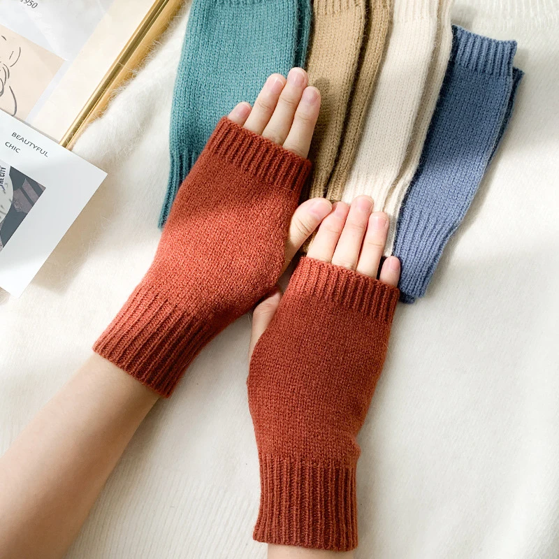 

Women Winter Gloves Stylish Hand Warmer Winter Gloves Half Finger Arm Crochet Knitting Mitten Pure Color Warm Fingerless Gloves