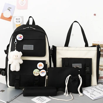 Set da 5 pezzi Borse da scuola per zaino per adolescenti Zaino per studentesse in tela tinta unita per ragazze femminili 1