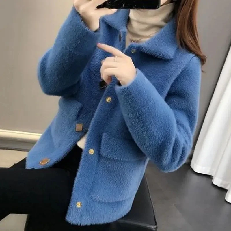 

2023 New Autumn Winter Coat Sweater Cardigan Women Korean Elegant Imitation Mink Velvet Knit Button Jacket Female Outwear