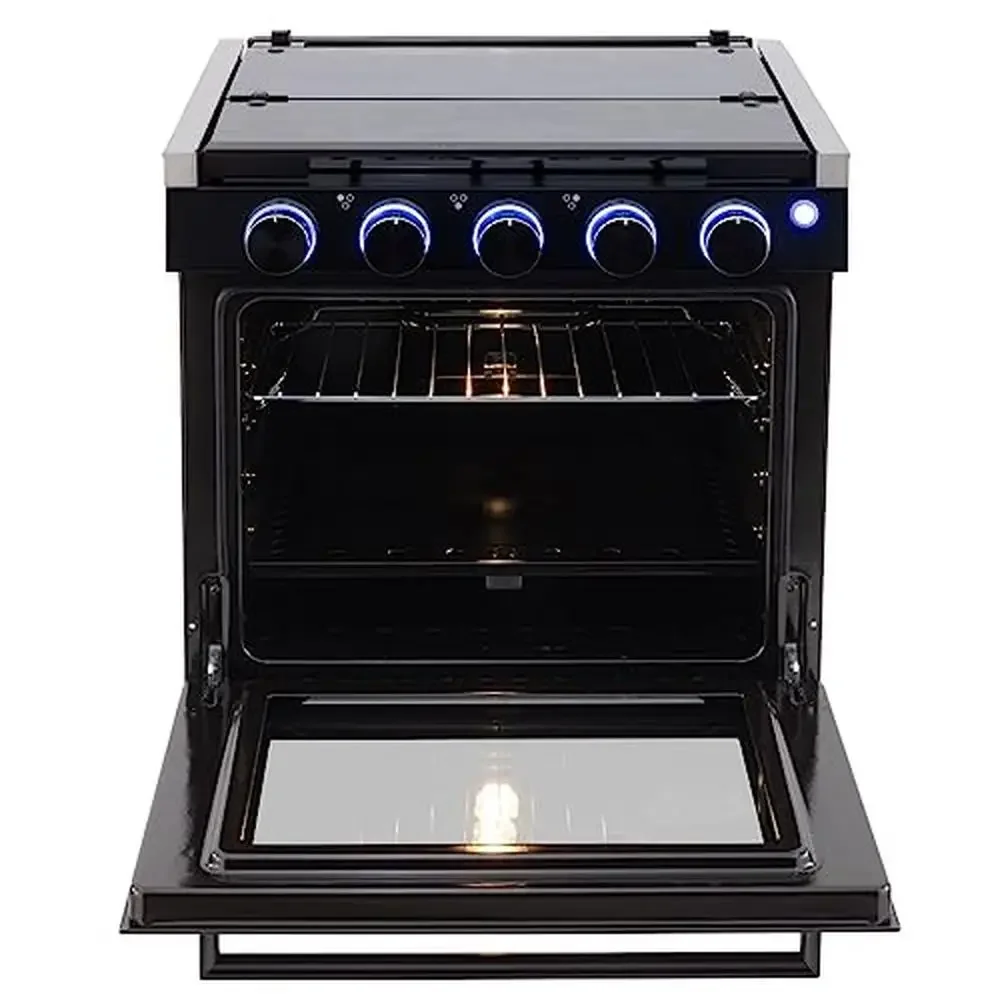 Gas Range Stove 21" Tall 6500/8000 BTU Three Burner 7100 BTU Oven 1.8 Cu. Ft Capacity Optional Vented Stainless Steel/Black RV