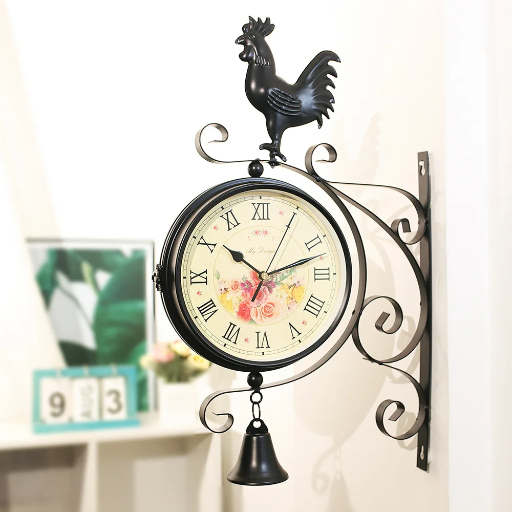 

European Creative Double sided Wall Clock Home Living Room Decorative Clock Wrought Iron Silent Clock Double Clock Garden Decor
