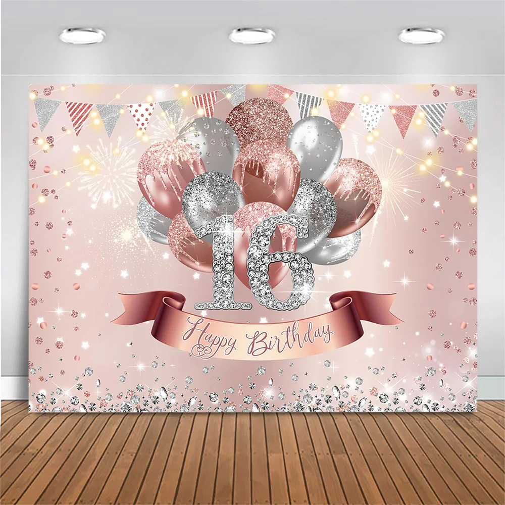 Mocsicka Glitter Sweet 16 Backdrop Girl 16th Birthday Party Photo Background High Heels Diamond Decoration Photography Backdrops