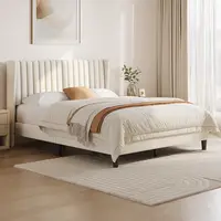 Queen Bed Frame Upholstered Platform Bed with Fabric Headboard, Wing Edge Design NonSlip and NoiseFree Wooden Slats Support No 2
