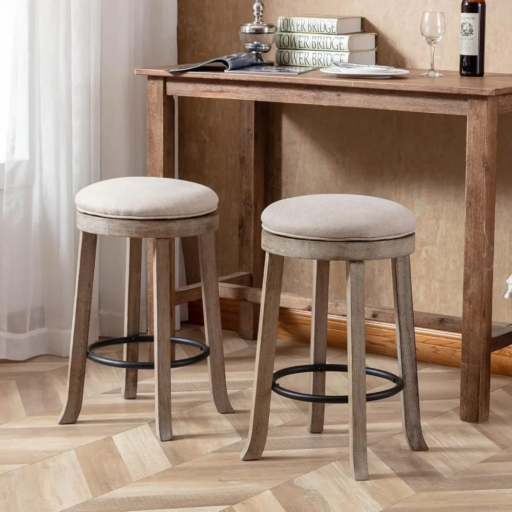 Swivel Bar Stools Set of 2, 26&rdquo; Counter Height Stools, Fabric Armless Barstool Rubberwood Legs, Farmhouse Kitchen Island Chair