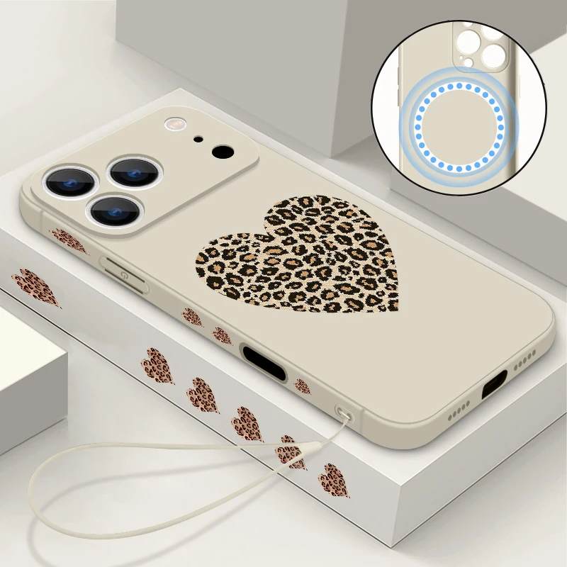 Leopard Print Love Heart Magnetic TPU Lanyard Case