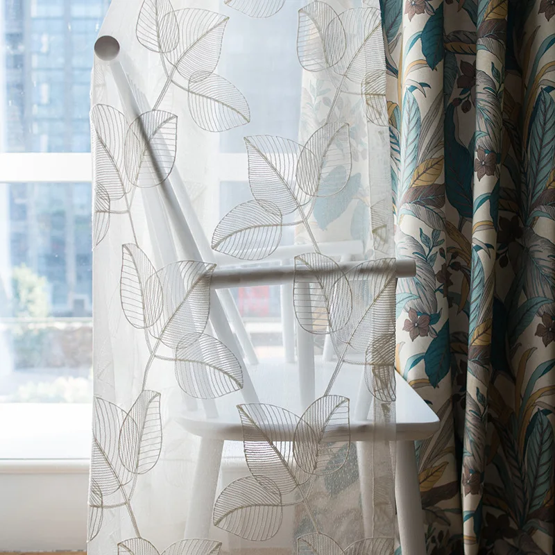 New Chinese Style Curtains for Living Room Cotton Linen Printed Cortina Banana Leaf Embroidered Tulle Curtain Blackout Curtains 5
