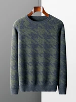 New Men O-neck Cashmere Sweater Long Sleeve 100% Merino Wool Pullover Autumn Winter Soft Warm Houndstooth Knitwear Casual Jumper 1