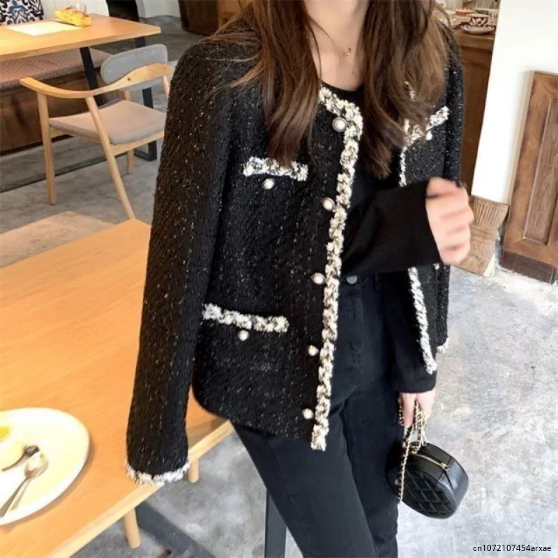 

Vintage Black Tweed Coat Jaqueta Feminina Winter Jacket Women Y2k Clothes Chaquetas Mujer Full Sleeve Plaid Coat Woolen