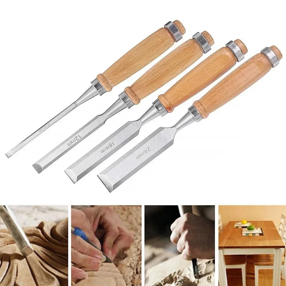 Woodworking Chisel 1pc Woodcut Sculpture Flat Chisel Wood Carve DIY Hand Tool Accessories Carbon Steel 6mm 12mm 18mm 24mm