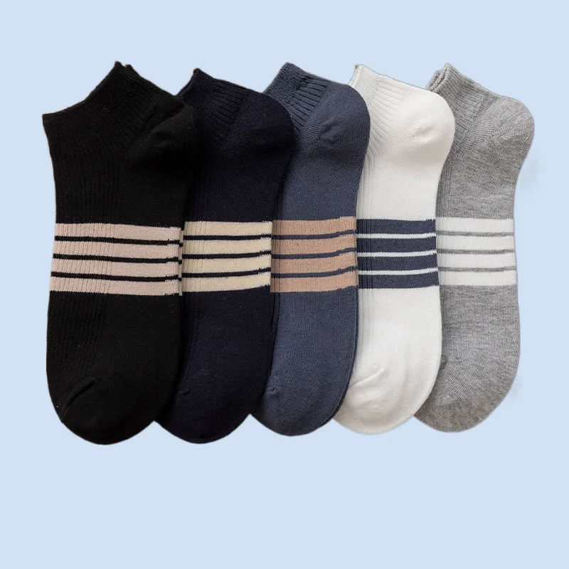 

5 Pairs Men's Black and White Gray Striped Men's Socks Breathable Short Socks Shallow Mouth Summer Thin Sports Low-cut Socks
