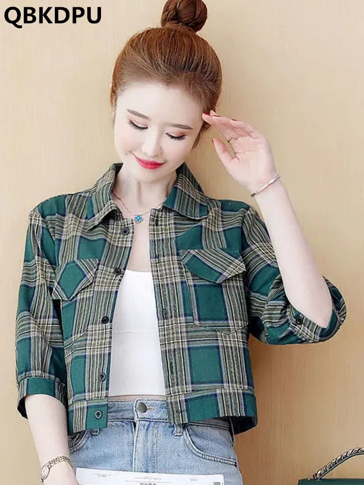 

Summer Sunscreen Short Thin Slim Unlined Plaid Coats Casual Women Three Quarter Jackets Spring Ceketler Korean Fashion Chaquetas