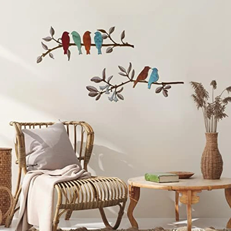 

2 Piece Birds Wall Art Vivid Birds On Branch Metal Birds Wall Decor Hanging Leaves With Birds Metal 40X15cm Outdoor Wall Decor