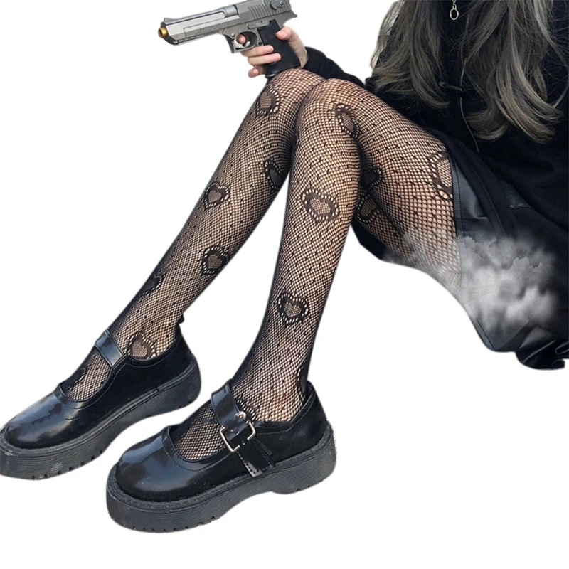 

Hollow Fishnet Pantyhose Women See-Through Heart Dots Vintage Mesh Tights