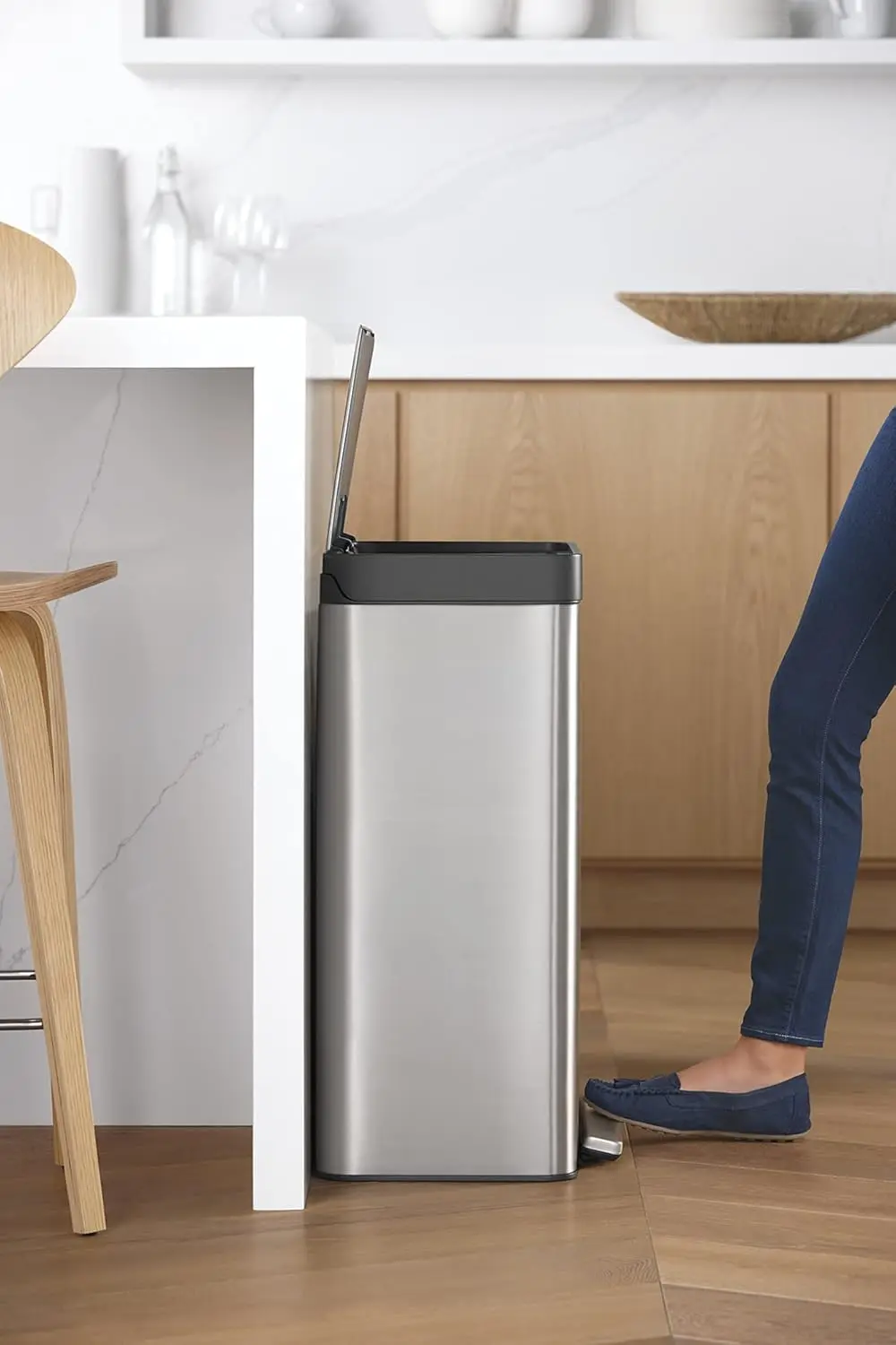 19 Gallon Kitchen Trash Can with Dual Compartments for Recycling, Odor Control, Stainless Steel, Silver, 70 Liters Total