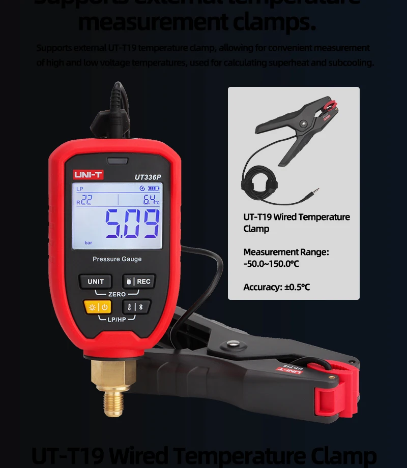 UNI-T UT336P KIT/UT336P 디지털 압력계 (UT-T19 온도 클램프 포함) 블루투스 앱, 8000개 데이터 저장, HVAC용