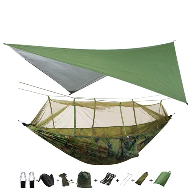 Lightweight Portable Camping Hammock and Tent Awning Rain Fly Tarp Waterproof Mosquito Net Hammock Canopy 210T Nylon Hammocks Green and camouflage