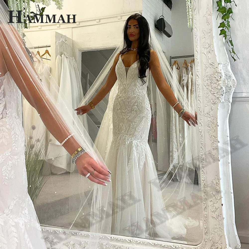 

HAMMAH Appliques Mermaid Wedding Gown For Bride Spaghetti Strap Tulle Sleeveless Court Train V Neck Vestidos De Novia Brautmode