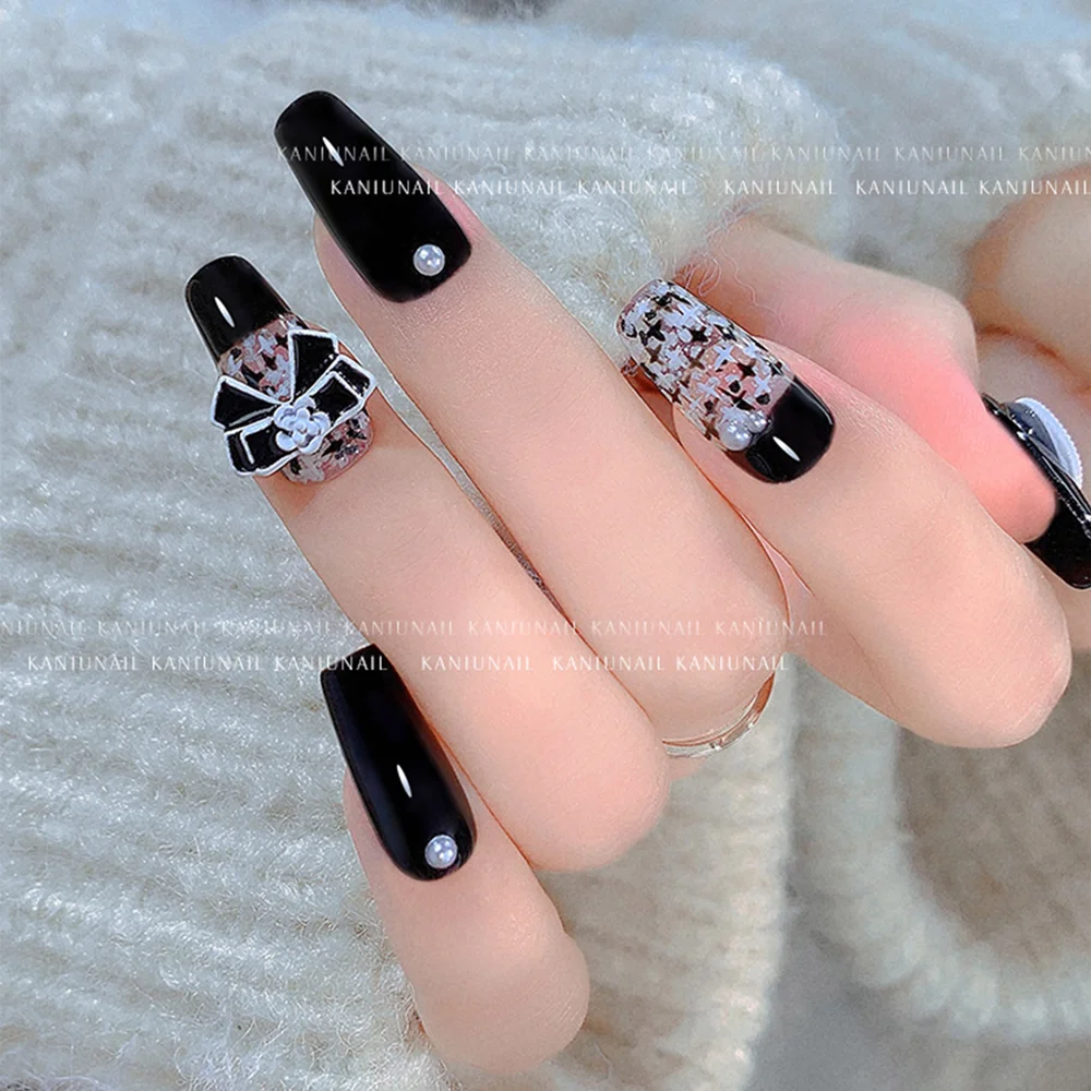 10pcs 블랙 화이트 Bowknot 네일 아트 매력 꽃 네일 라인 석과 3D 프랑스어 고급스러운 금속 합금 활 DIY 네일 액세서리