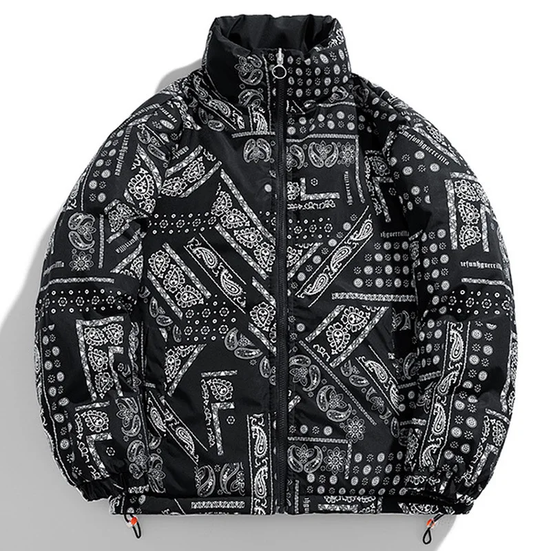 

Winter Men's Bandana Puffer Parkas Fashion Puffy Overcoat Cotton Padded Thick Thermal Reversible Paisley Jacket Outerwear