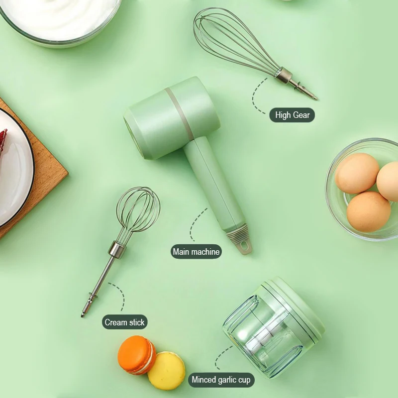 Garlic Chopper Food Mixer Handheld Blender USB 2 In 1 Wireless Electric Garlic Chopper Masher Whisk Egg Beater 3-Speed Control with 2 Mixing Rods Kitchen Handheld Frother