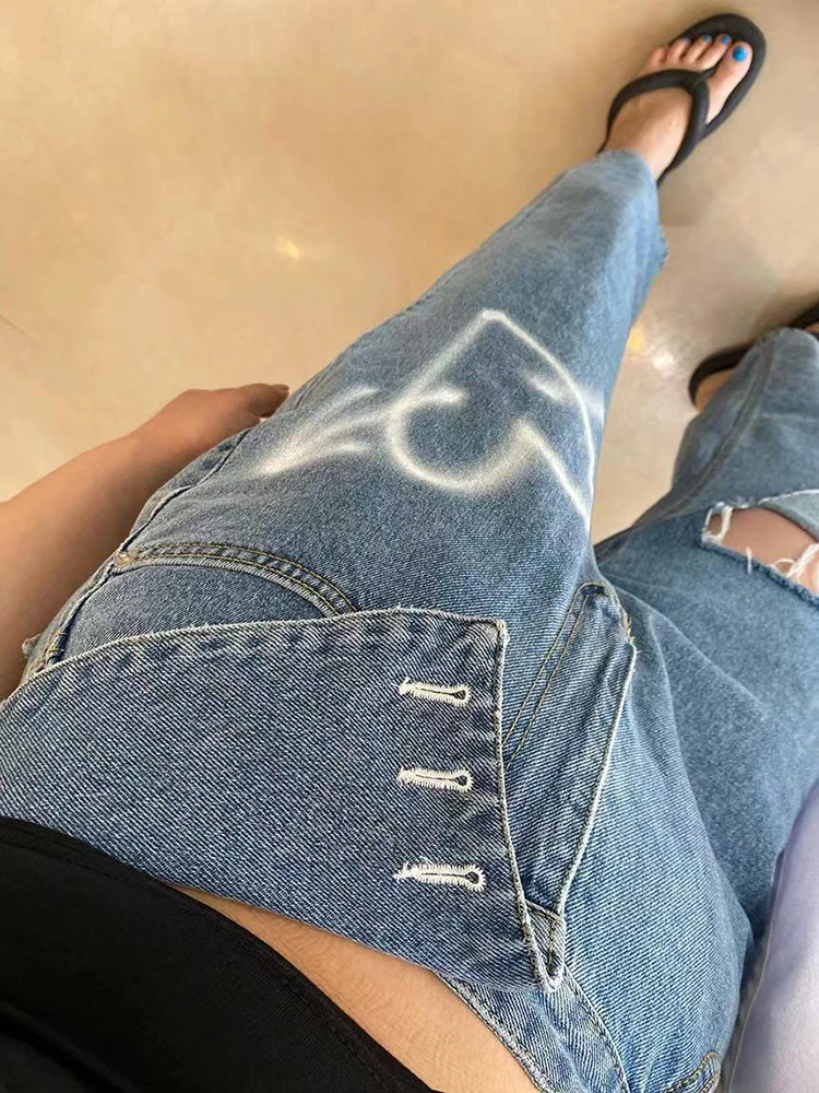 New Irregular Flip Waist Printed Holes Jeans Vintage Ripped Ankle-Length Harem Blue Loose Casual Denim Pants Y2K Trousers Female