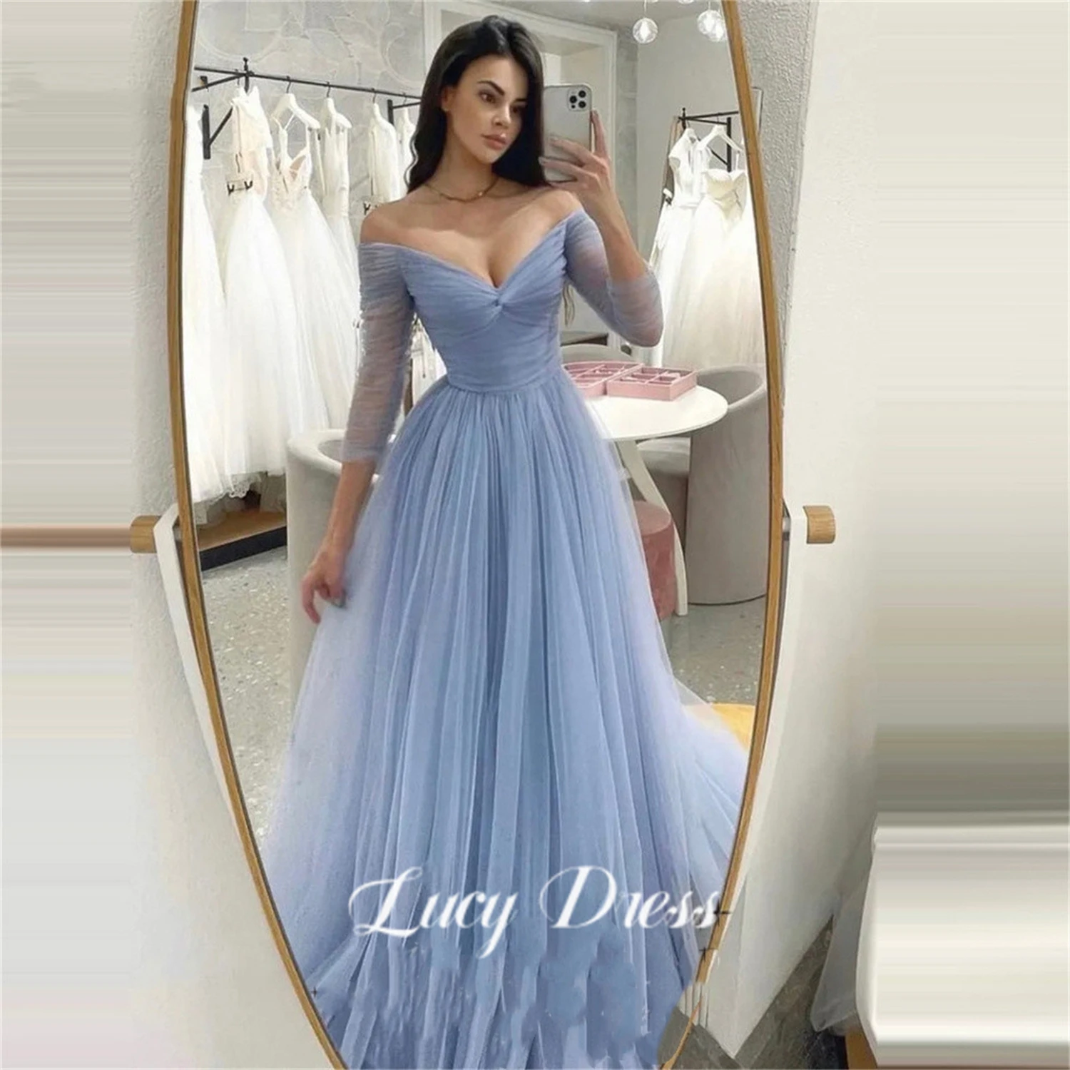 

Lucy Blue Off Shoulder Long Sleeves Prom Dresses 2023 Elegant A-Line Simple Tulle Evening Gowns Bridesmaid Dress for Wedding
