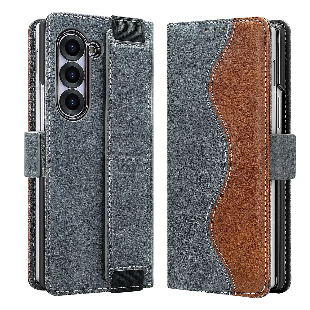 Luxury Business RFID Leather Wallet Case with Electroplated Shell and Wristband Stand Flip Cover