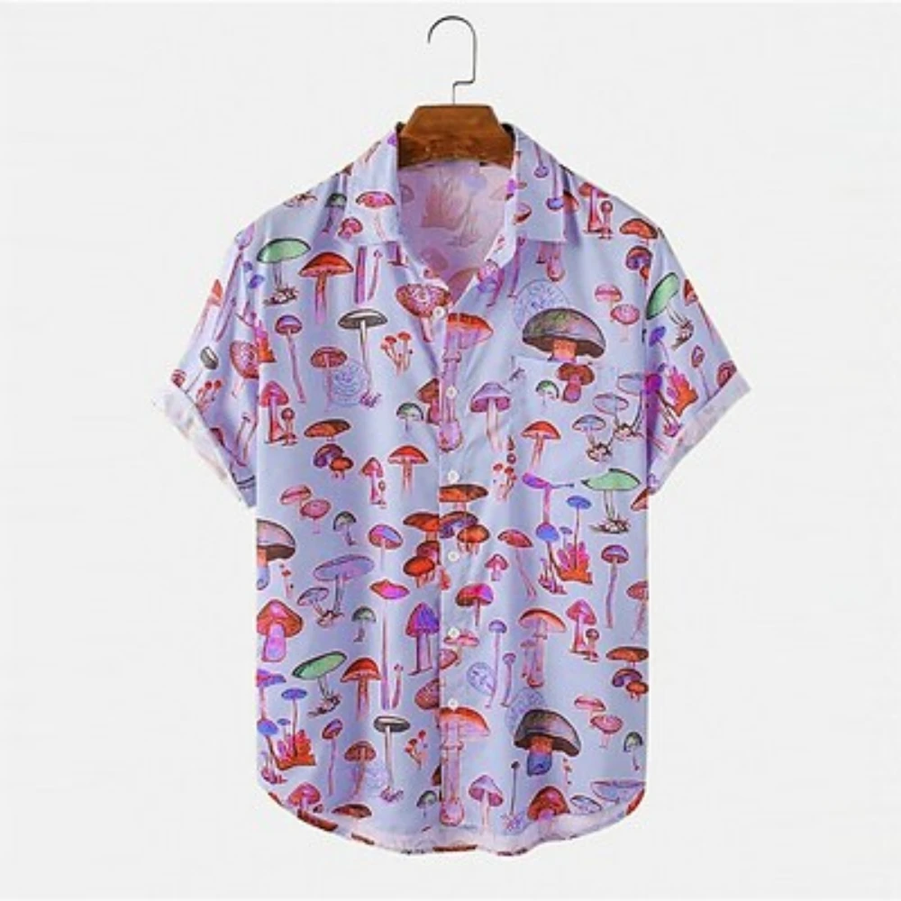 2022 Summer Men\'s Short-sleeved Hawaiian Shirt Casual Lapel Colorful Element Mushroom Pattern 3D Print Button Trend Summer