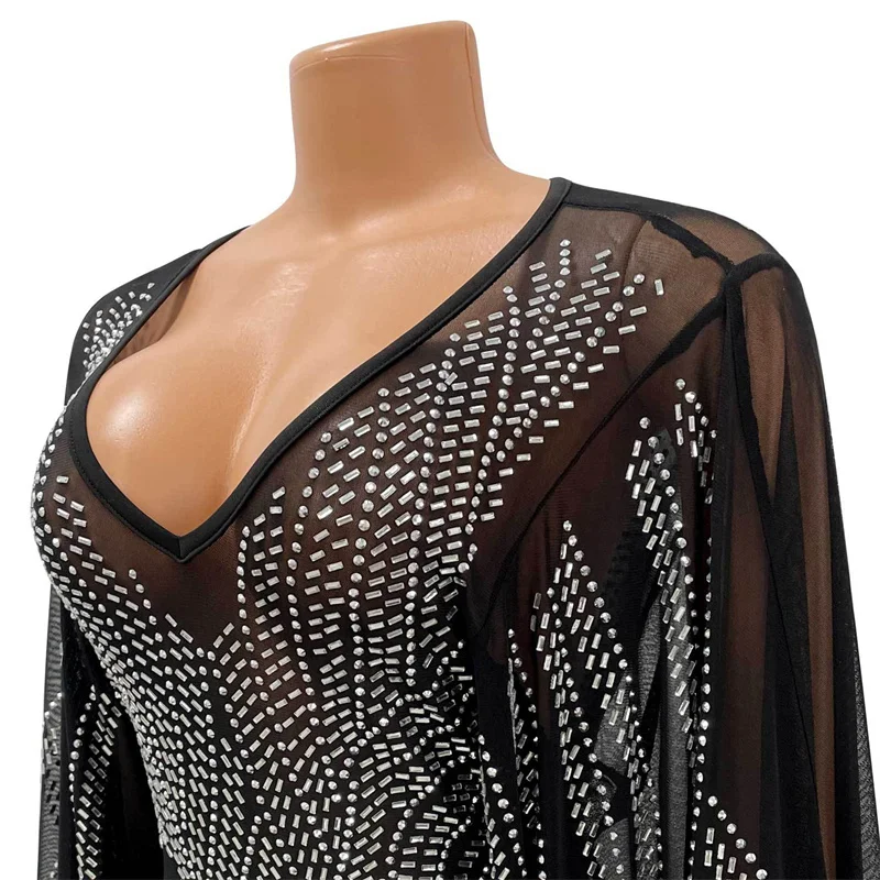 Sexy Sparkly Crystal Diamonds Evening Jumpsuit Birthday Outfits for Women Party Night Mesh Sheer Bodycon Rompers Womens Jumpsuit