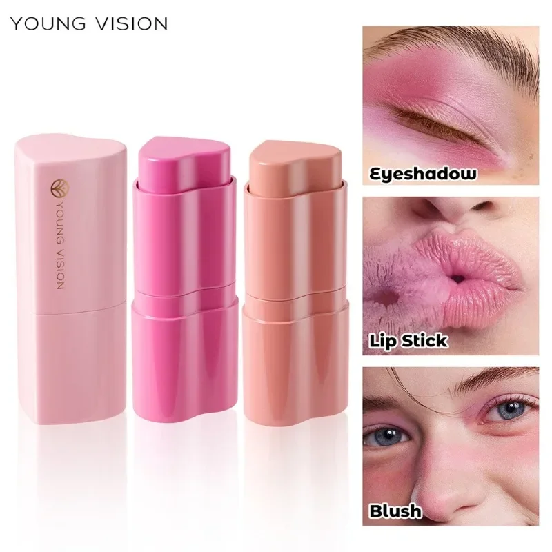 Cream Blush Stick Multi-purpose Heart-shape Blush Cream Stick Shadow Blush Lipstick 3 in 1 Contour Stick Peach Cheek Tint Makeup 3