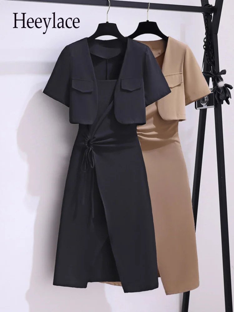

Women Summer Dresses Suits Office Ladies Solid Short Tops And Side Split Straped Dress Two Pieces Sets Korean Casual Blazer Sets