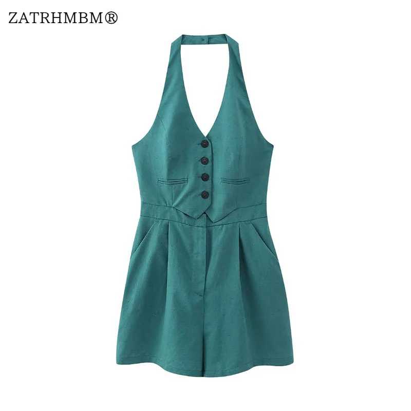 

ZATRHMBM 2023 Woman Fashion Linen-Blend Off-Shoulder Jumpsuit Vintage Button Up Sexy Backless Female Short Jumpsuits Mujer
