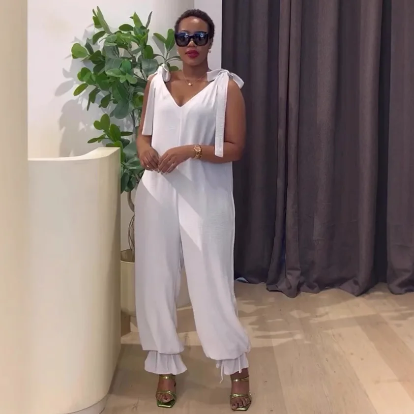 Wmstar Women Clothing 2025 Solid Color Lace-up Elegant Women's Casual Strappy Loose Leg Jumpsuit S-3X Wholesale Dropshipping