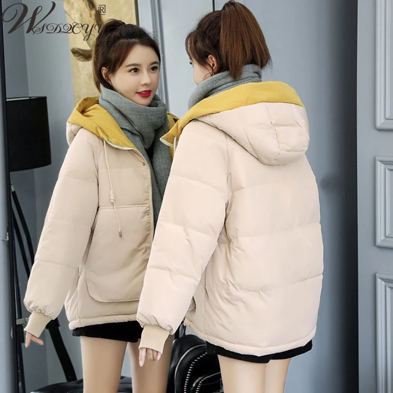 Winter Don Cotton Padded Jacket Women Casual Hooded Short Parkas Korean Fashion Loose Long Sleeve Overcoat Plus Size Thick Coat