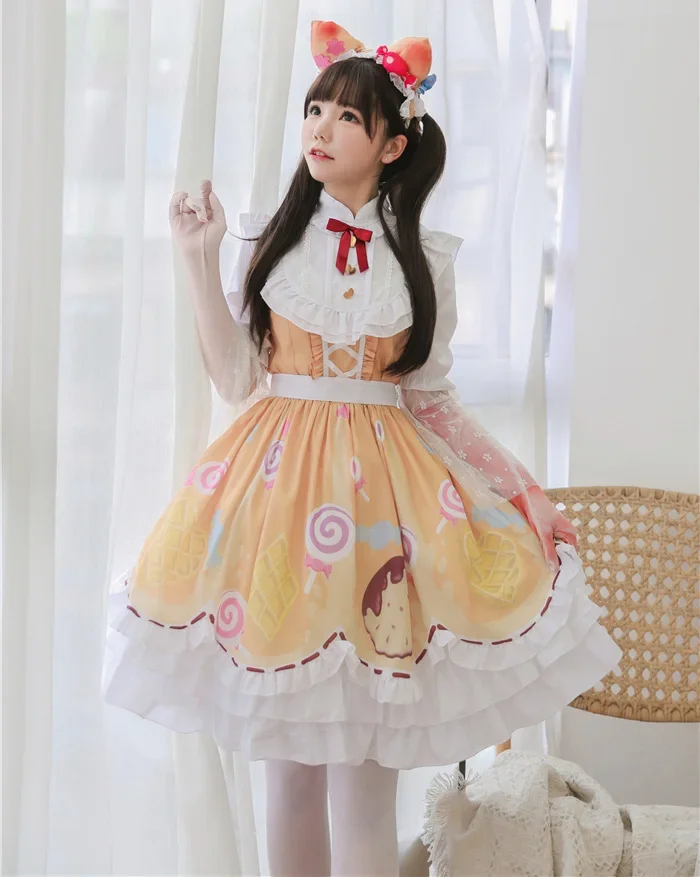 French Romantic Style Lolita Op Elegant Girl Cosplay Princess Puff Sleeve Ribbon Bowknot Flower Tunic Mesh Fantastic Fairy Dress