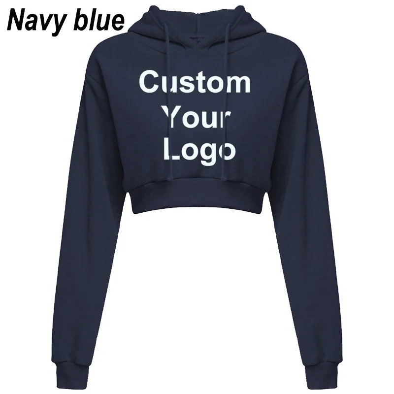 Womens Custom Your Logo Casual Long Sleeve Hooded Sweatshirt Plain Crop Tops Pullover Hooded Sweatshirt Cropped Hoodie Short Swe