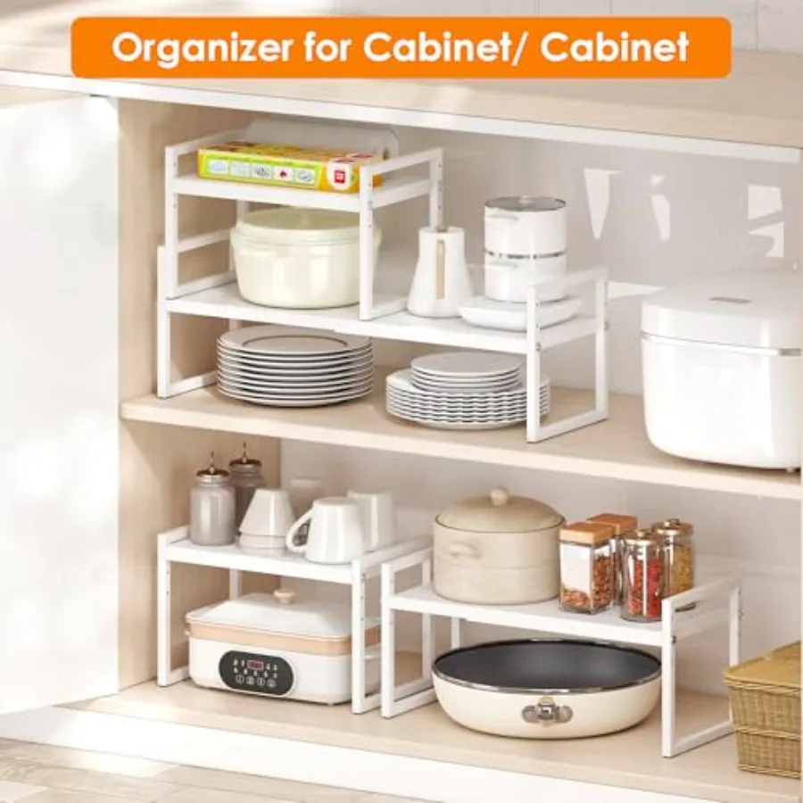 Expandable Kitchen Countertop Organizer Stackable Cabinet Shelf Organizers Space Saving Spice Rack Pantry Storage for Bathroom