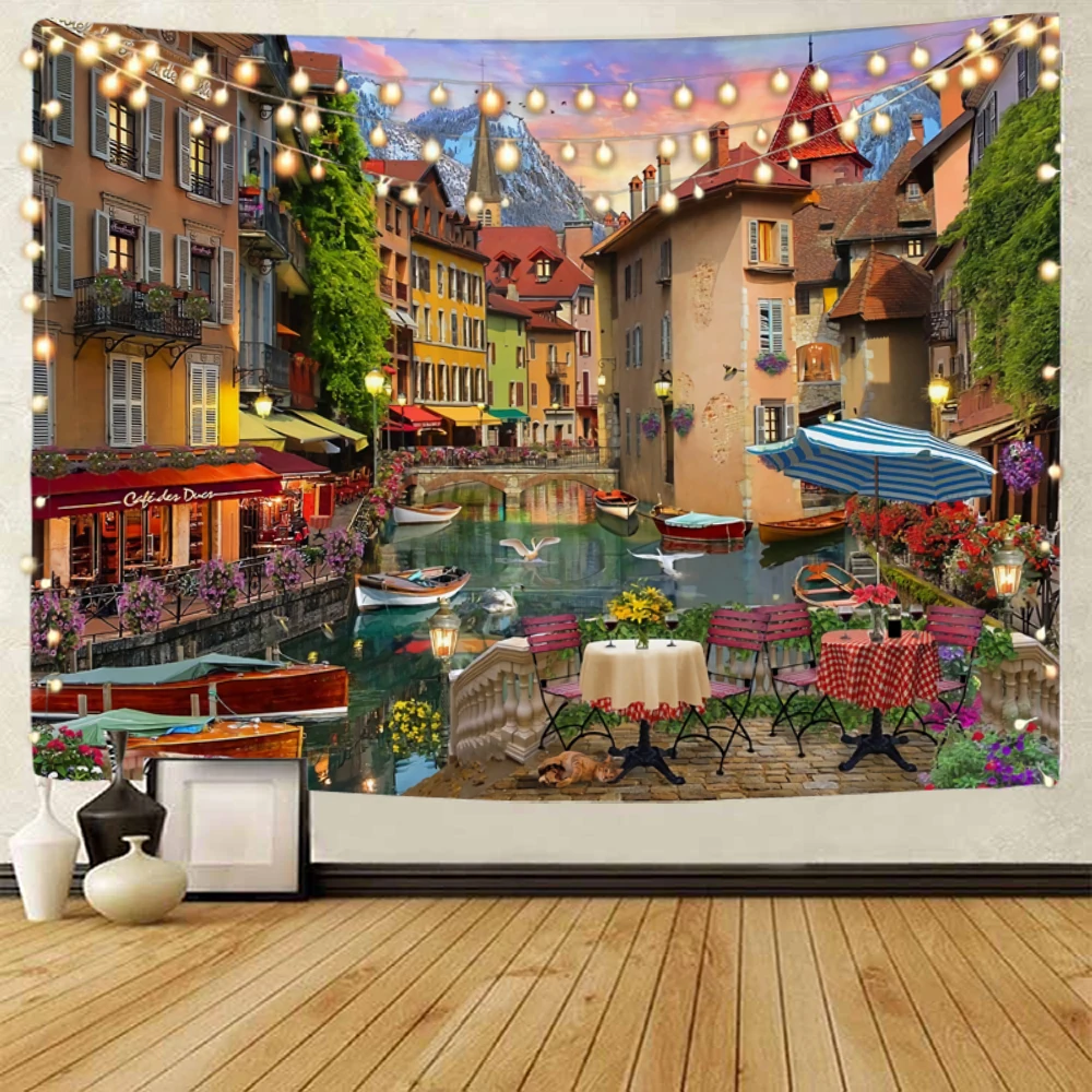 Venice Town Water Town Night Scene Decoration tapestry Town Landscape Painting Decoration tapestry Home Decoration