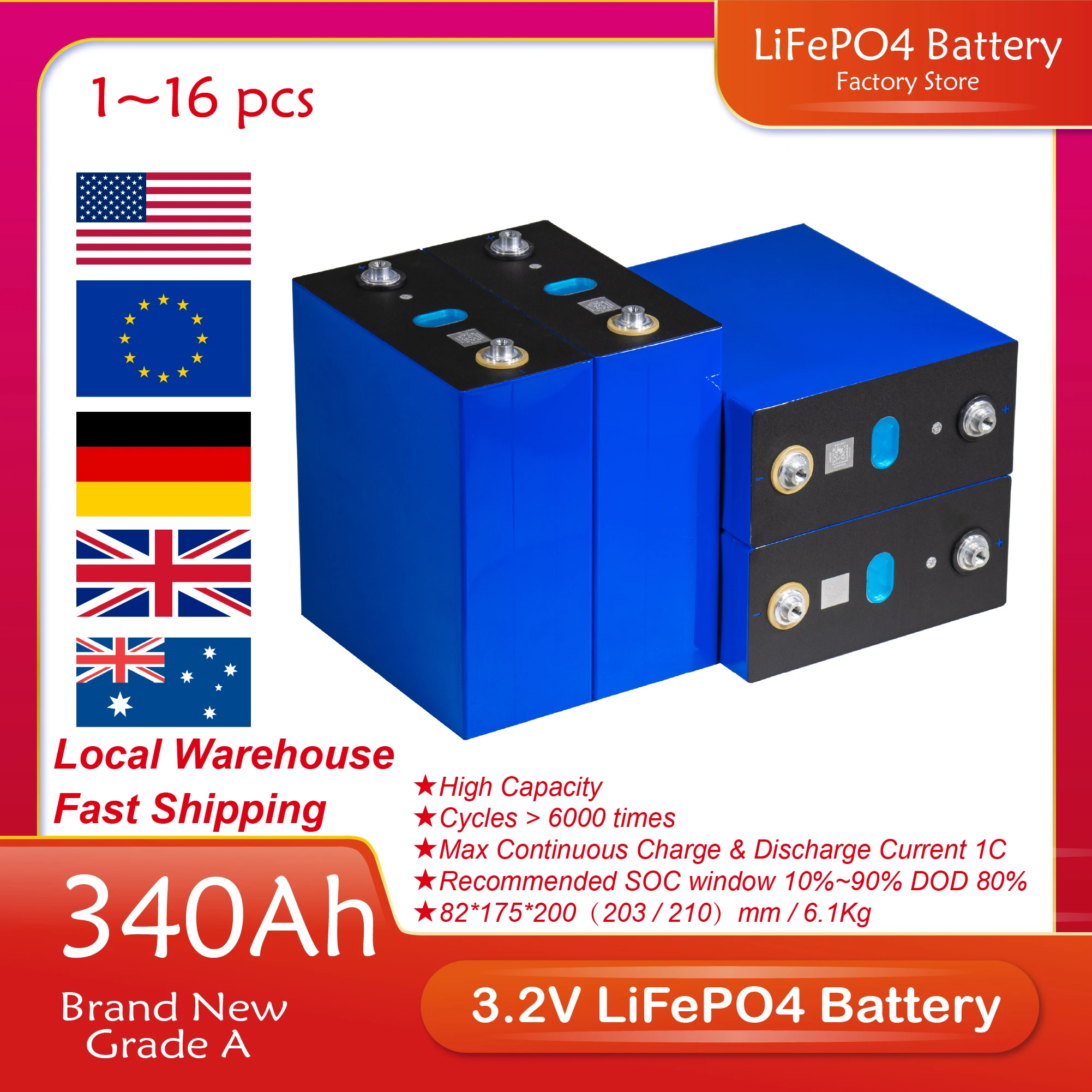 

2/4/8/16/32PCS 3.2V 340Ah Battery LiFePO4 Grade A Rechargeable Batteri Pack For 48V Solar Energy Storage System EU US Tax Free