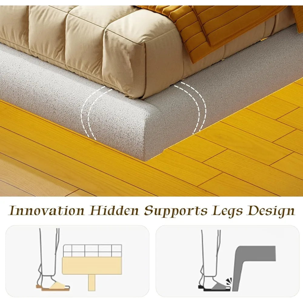Twin Bed Frames with Cloud Headboard, Upholstered Boucle Floating Platform Bed with LED Lights, Solid Wooden Slats Support 5