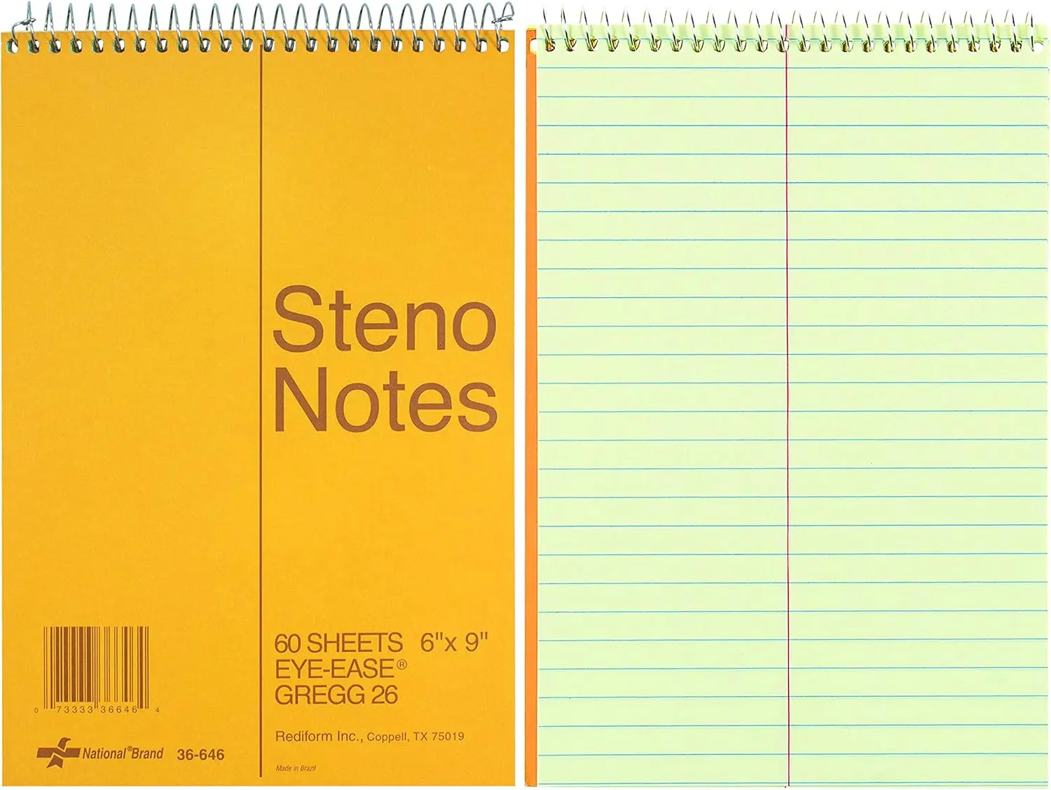 Notebook, Gregg-Ruled, Green Eye-Ease Paper, Brown Cover, 6" x 9", 60 Sheets