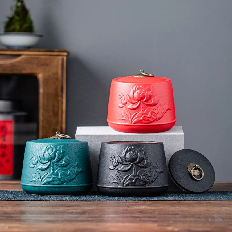 

Керамический бытовой чайный горшок Lotus, герметичный влагостойкий резервуар для хранения черного чая, зеленого чая, сушеных фруктов, банка для хранения, украшение