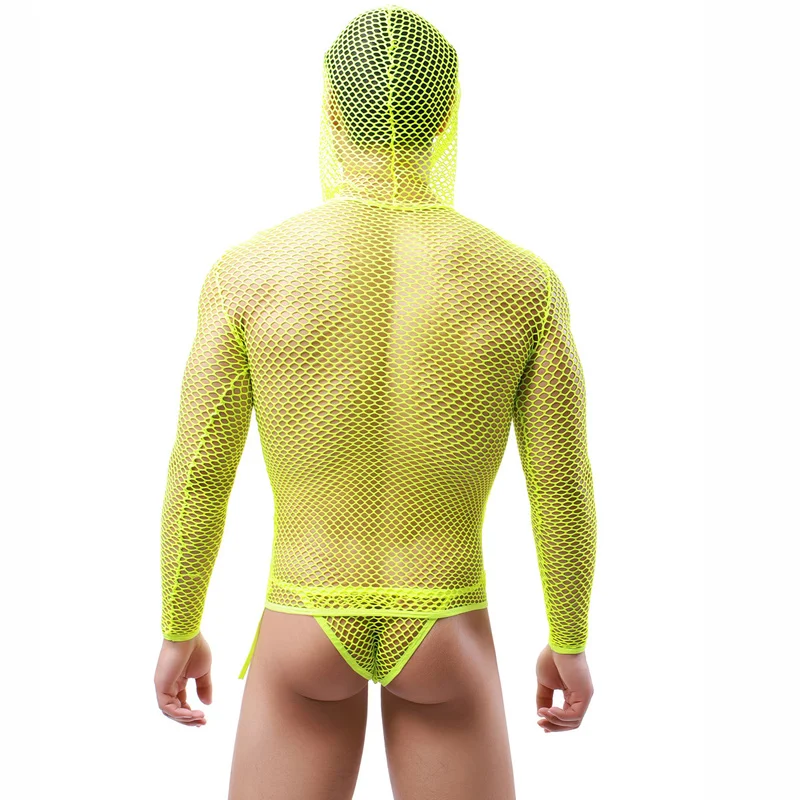 Sexy Mens Undershirts Mesh See Through Long Sleeve Hooded T-shirts Fishnet Underwear Gay Sheer Lace-up Briefs Men Clothes Set