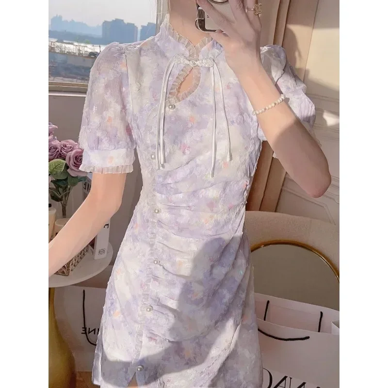 

French Court Style Improved Cheongsam Chinese Traditional Dress Women's 2023 Summer Elegant and Sweet Floral Dress