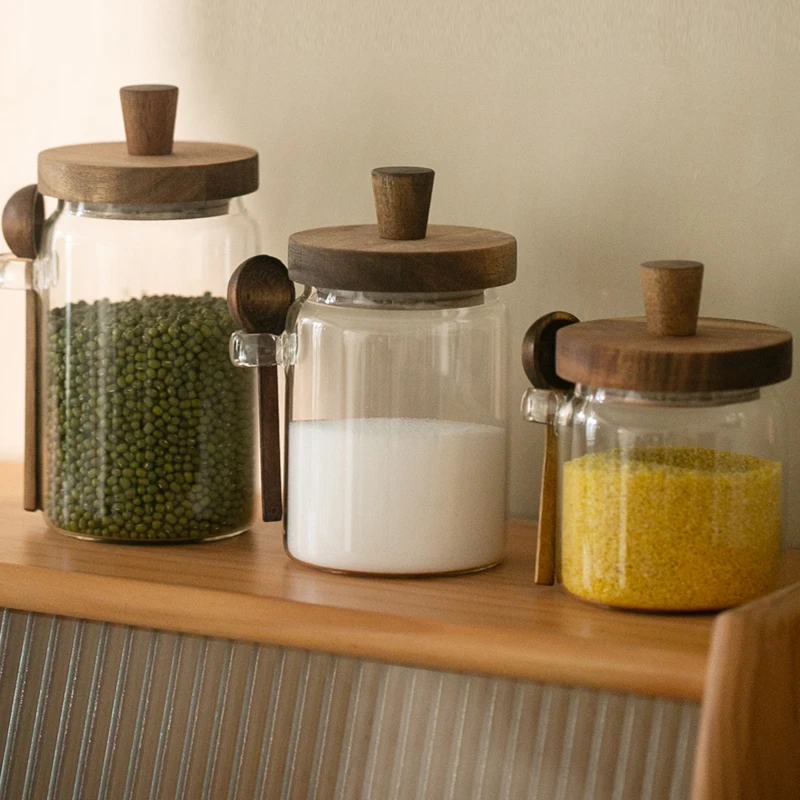 

Jars Glass Jars Glass Sealed Acacia Wood Jars with Lids with Small Spoons Condiment Jars Coffee Storage Jars Condiment
