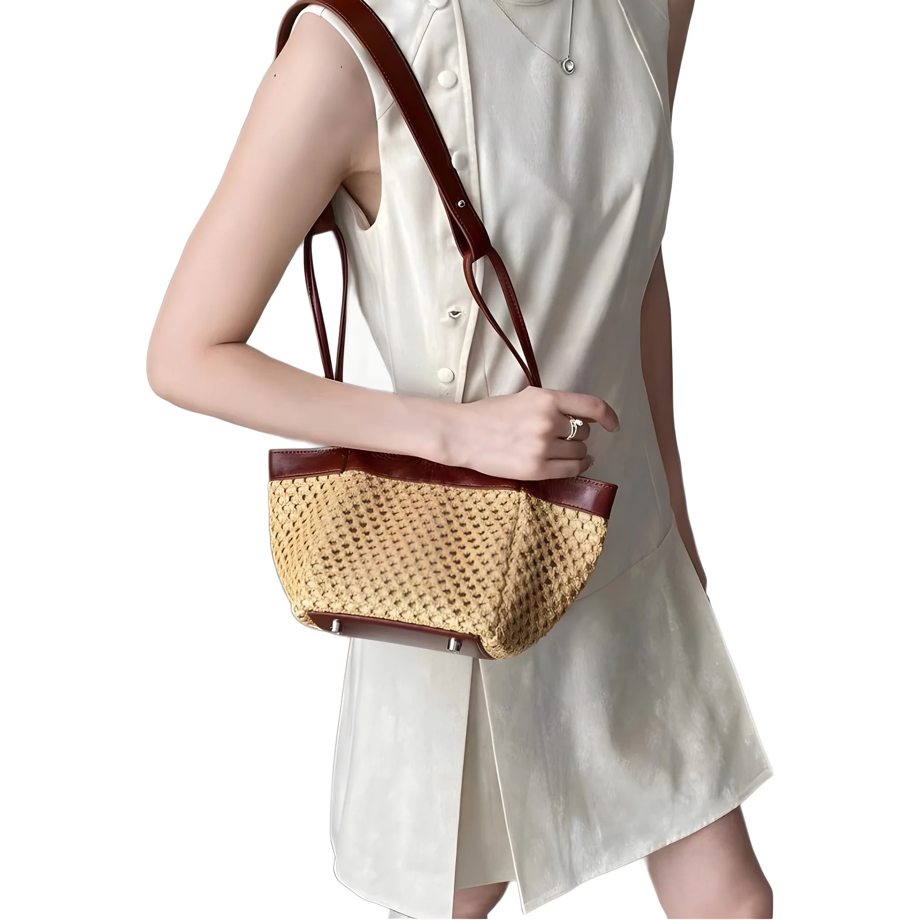 Fashion Hollow Basket Bag Faux Rattan Woven Women Handbags Luxury Pu Leather Shoulder Crossbody Bags Summer Beach Small Tote Bag