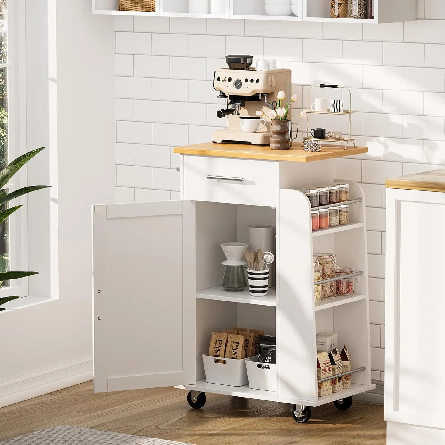 Kitchen Island with Storage Cart Table Rolling Butcher Block Cabinets Small on Wheels Portable Drawers Mobile Moveable Narrow