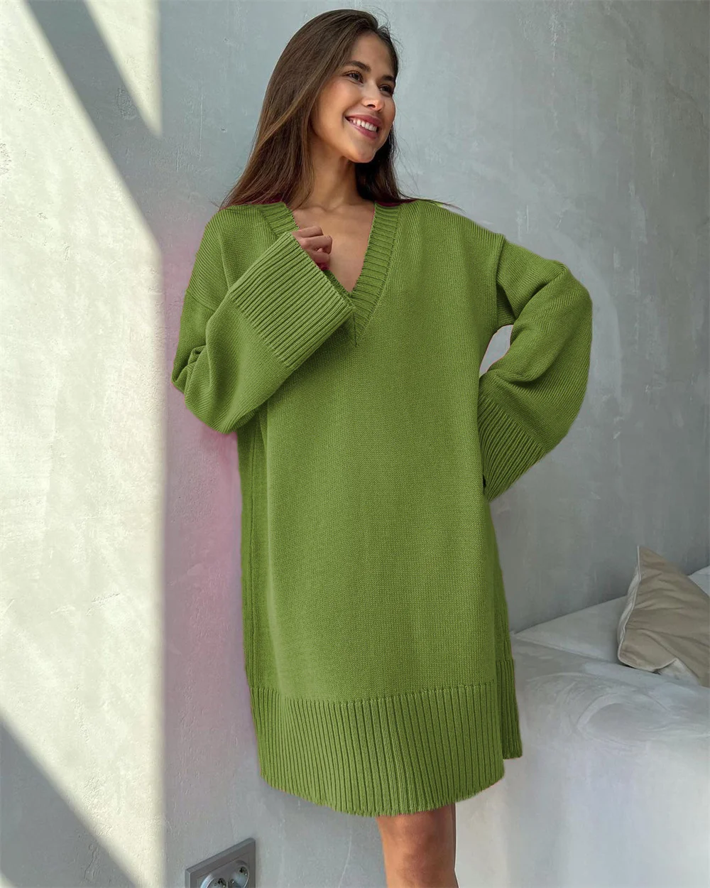 

Autumn Knitted Solid V-Neck Sweater Dress for Women Casual Loose Long Sleeve Pullover Female Warm Sweaters Dresses
